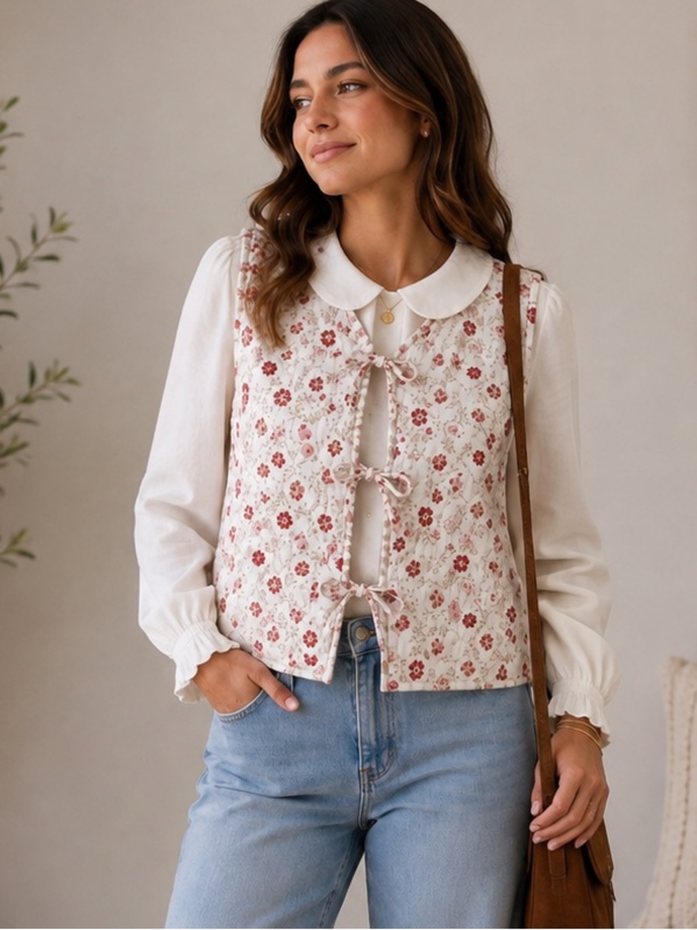 Japna Quilted Floral Tie Front Vest Medium 100% Cotton Cottagecore Boho
